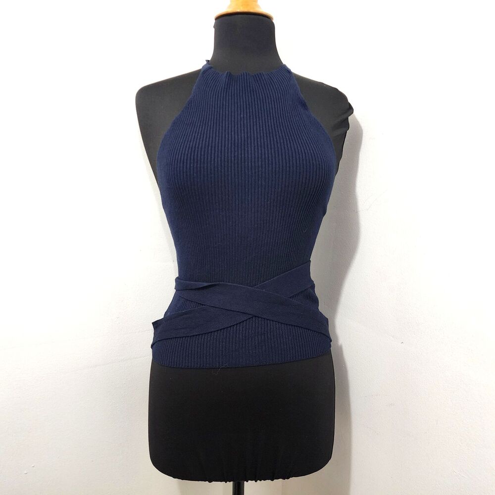 Anthropologie Maeve Halter Wrap Knit Sweater Tank Navy Blue NWT Women's Size M